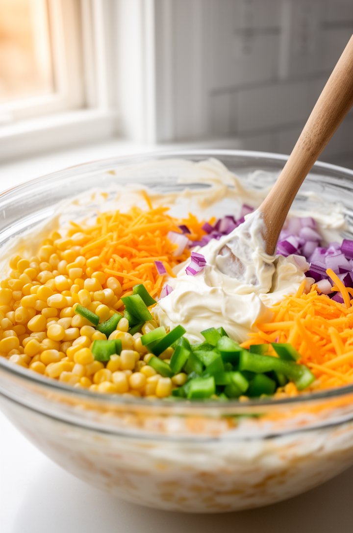 Close-up 45-degree angle of a large glass mixing bowl with drained golden corn kernels, shredded orange cheddar cheese, white mayonnaise, bright green chopped bell pepper, and purple diced red onion b