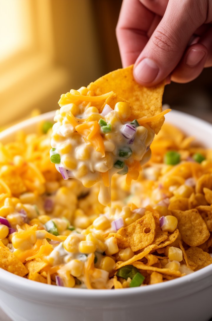 Extreme close-up macro shot of a hand using a Frito Scoop chip to scoop up a generous portion of frito corn salad from a white ceramic bowl, the scoop overflowing with creamy corn mixture showing visi