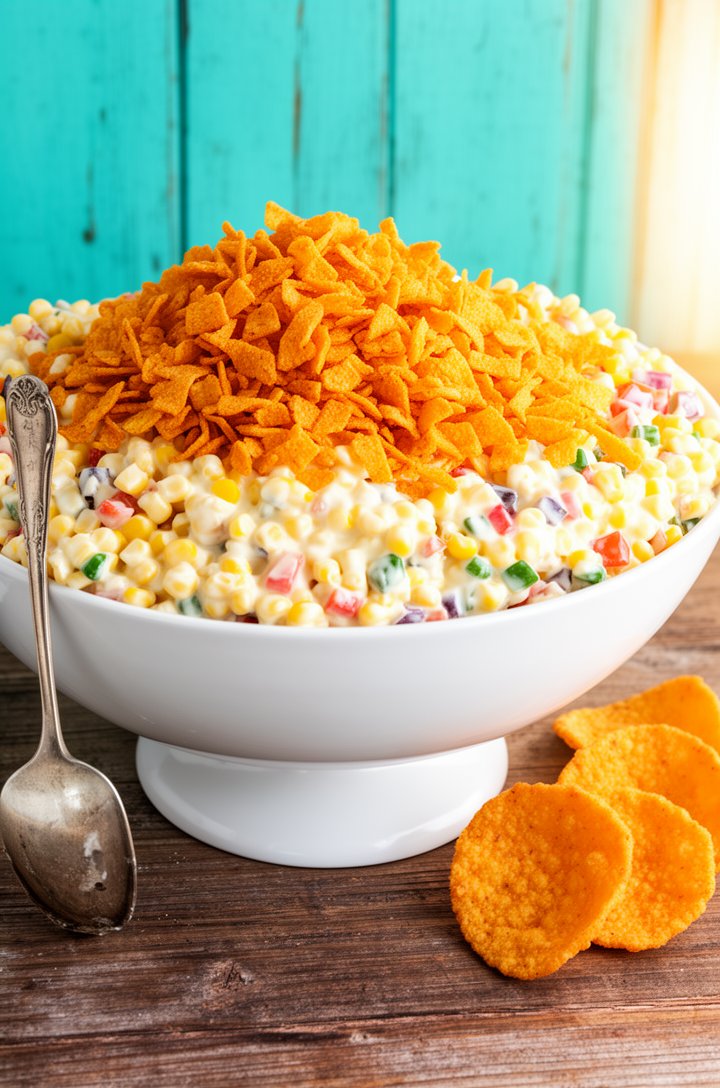 Beauty shot of the finished frito corn salad served in a large white pedestal bowl, piled high with creamy corn salad topped with a generous mound of golden-orange crushed Fritos on top, corn kernels 