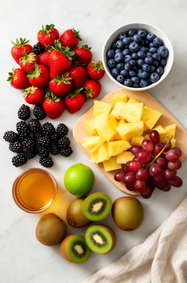 Overhead flat-lay of all fruit salad ingredients arranged on a light marble countertop before mixing — a pile of bright red strawberries with green tops still on, a bowl of plump blueberries, scattere