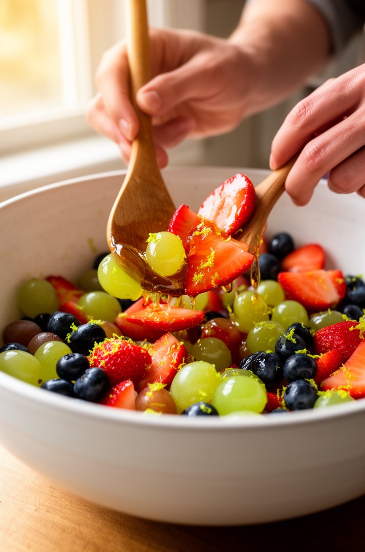 Close-up 45-degree angle of hands gently tossing colorful mixed fruit in a large white ceramic bowl with a wooden spatula, glossy honey-lime dressing visible coating the strawberry slices and grapes, 