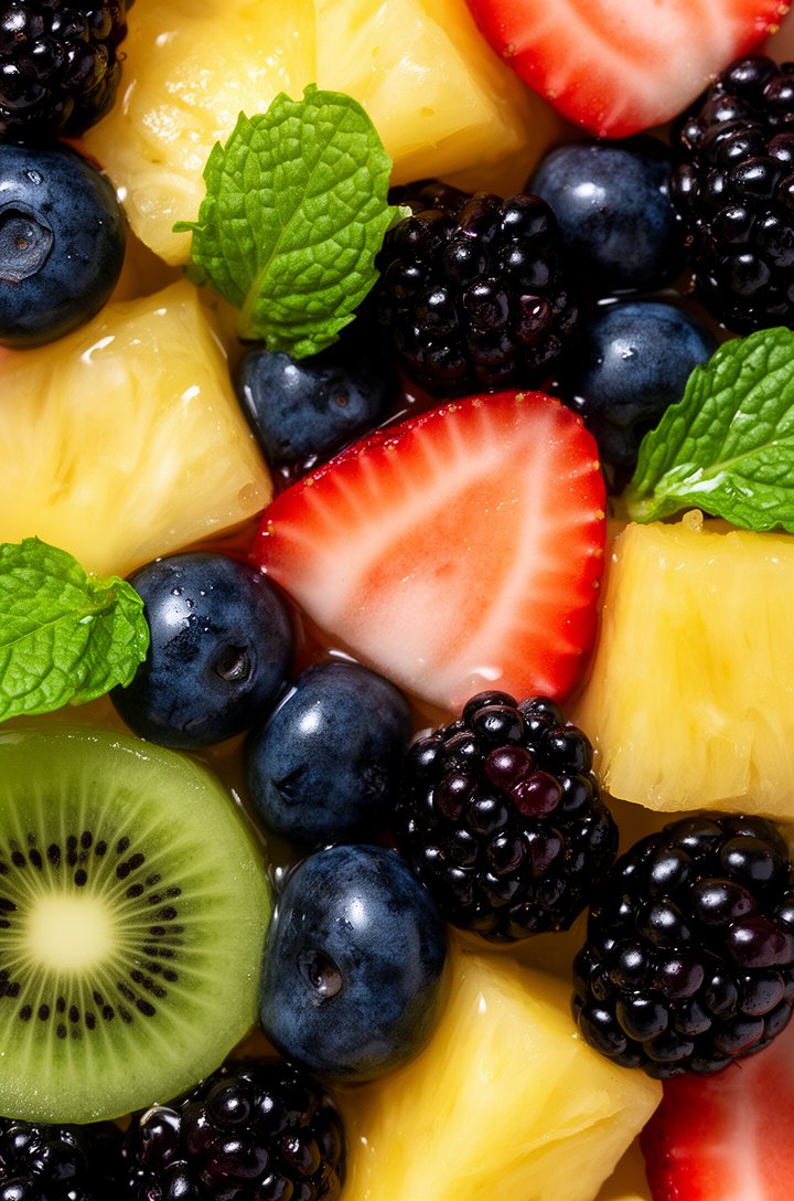 Extreme close-up macro shot of the finished fruit salad from directly above filling the entire frame, individual blueberries and blackberries glistening with dressing, a strawberry slice showing its r