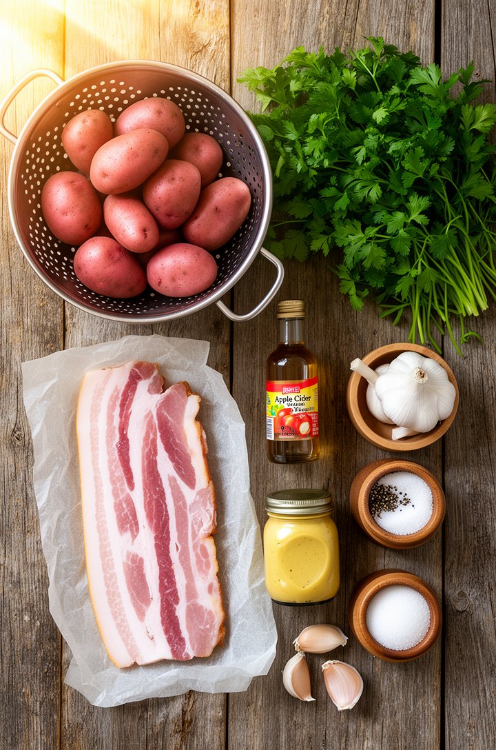 Overhead flat-lay of raw recipe ingredients on a weathered wood surface — small red potatoes in a colander, a slab of thick-cut bacon on parchment paper, a small glass bottle of apple cider vinegar, a