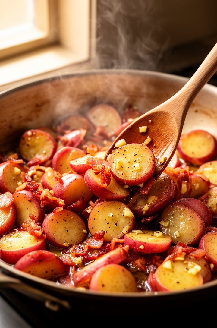 Action shot of warm sliced red potatoes being gently tossed in a large skillet with golden-brown bacon vinaigrette, glossy dressing coating the potato surfaces, visible specks of black pepper and minc
