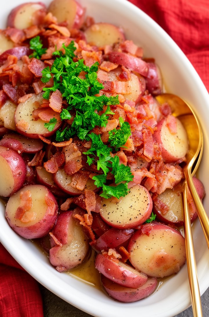 Extreme close-up overhead shot of finished warm German potato salad piled high in a white oval serving dish, tender sliced red potatoes glistening with tangy bacon dressing, generous crispy bacon piec