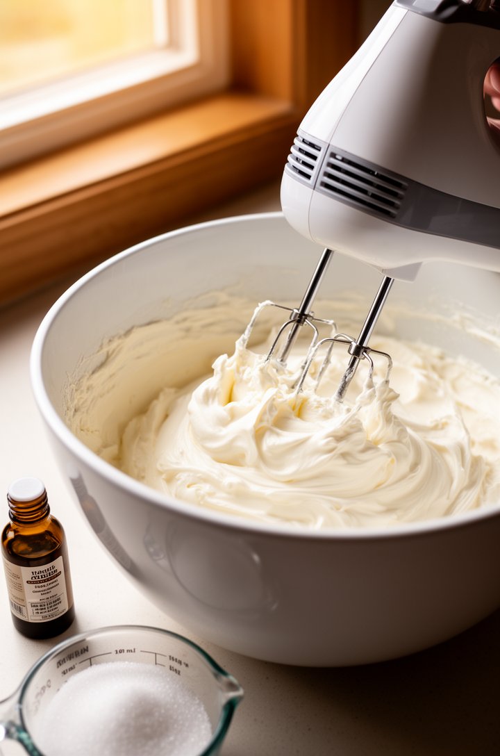 Close-up 45-degree angle of an electric hand mixer beating cream cheese and sour cream in a large white mixing bowl, the mixture smooth and fluffy with visible swirl marks from the beaters, a small bo