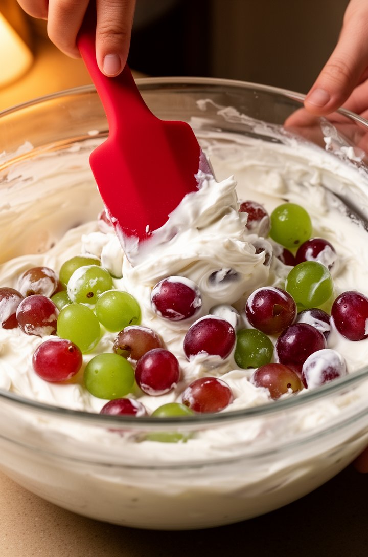 Action shot of a rubber spatula gently folding bright red and green grapes into the white cream cheese mixture in a large glass bowl, some grapes already coated in thick white dressing while others ar