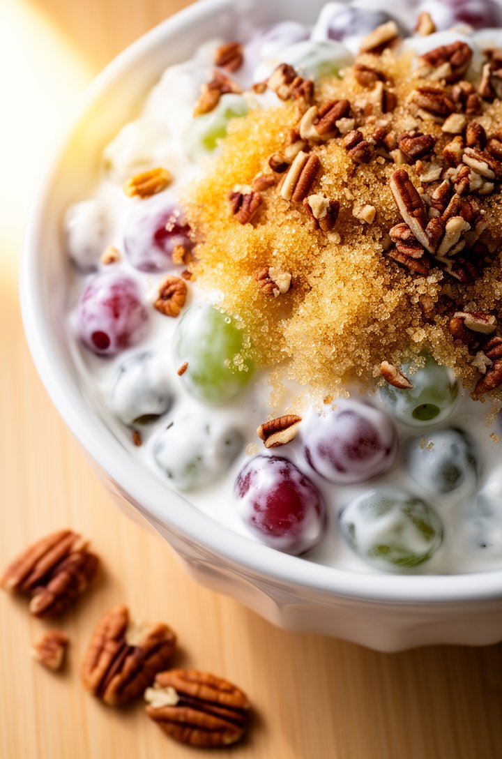 Extreme close-up macro shot of the finished grape salad from a slight overhead angle, red and green grapes coated in thick creamy white dressing, topped generously with crumbled toasted pecans and a v