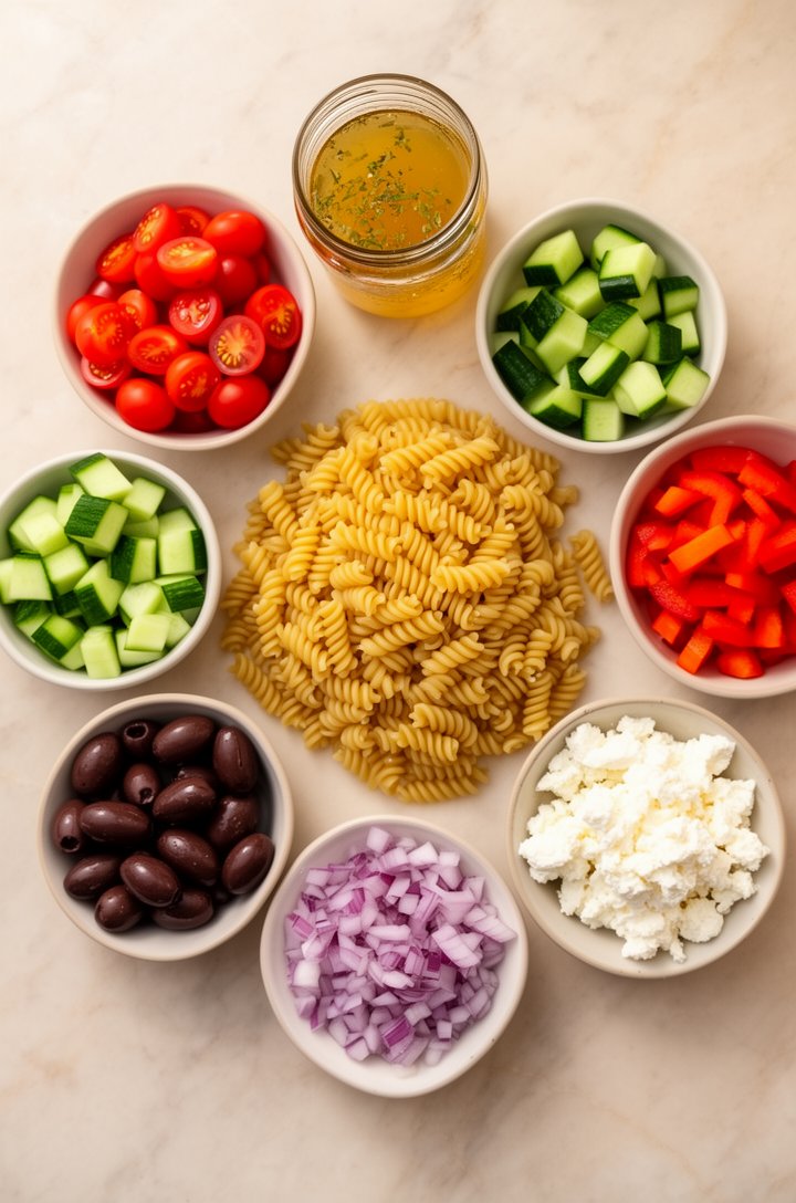 Overhead flat-lay of Greek pasta salad ingredients arranged on a light marble countertop before assembly — a mound of dry rotini pasta in the center, small bowls of halved cherry tomatoes, diced cucum