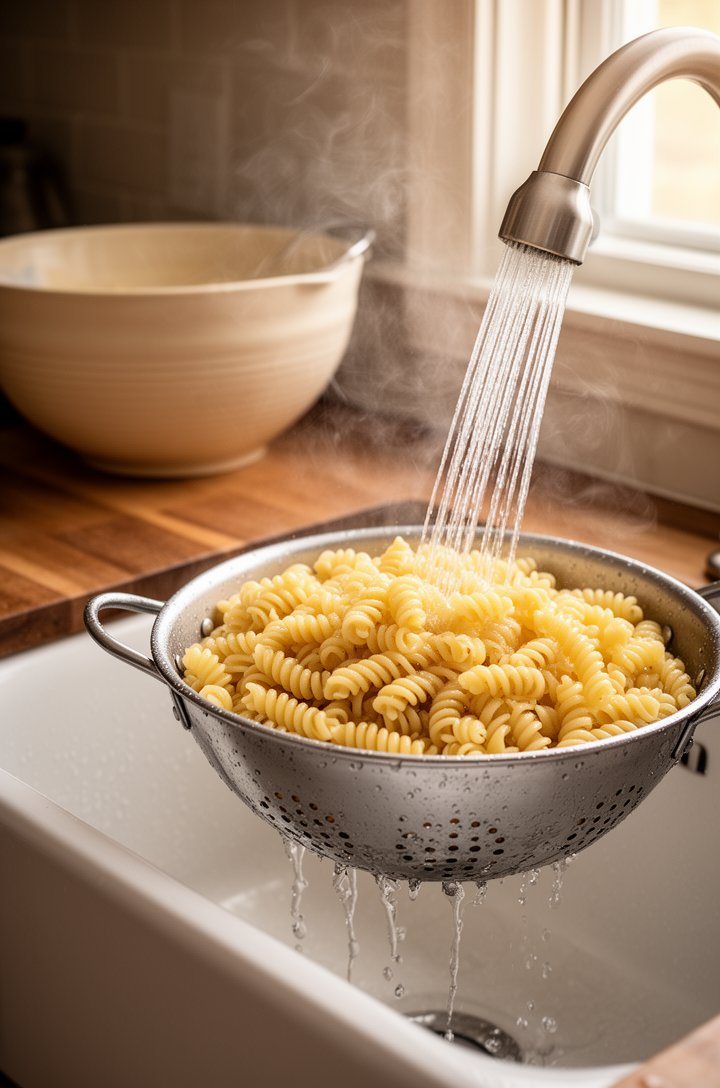 Close-up 30-degree angle of cooked rotini pasta being rinsed under cold running water in a metal colander in a farmhouse sink, water streaming over the spirals, visible steam dissipating, the pasta gl