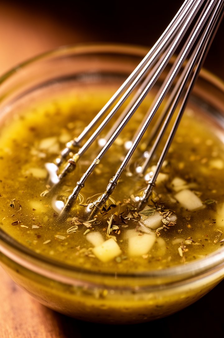 Extreme close-up macro shot of Greek dressing being whisked in a small glass bowl, olive oil and red wine vinegar emulsifying into a golden cloudy mixture, visible flecks of dried oregano and minced g