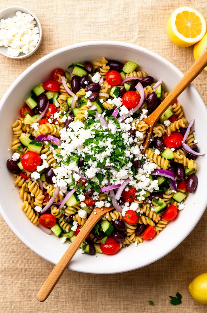 Overhead shot looking directly down into a large white ceramic serving bowl filled with finished Greek pasta salad, rotini spirals coated in glistening dressing visible between chunks of bright red ch