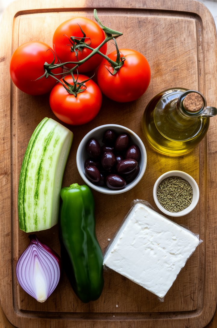 Overhead flat-lay of Greek salad ingredients arranged on a rustic wooden cutting board — four ripe red tomatoes, one English cucumber partially peeled in green-white stripes, a halved red onion showin