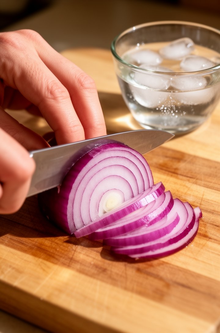 Close-up 30-degree angle of hands thinly slicing a red onion into half moons on a wooden cutting board, knife mid-slice, translucent purple-red rings already separated to the side, a small glass bowl 
