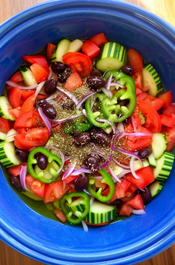 Overhead shot looking directly down into a large shallow blue ceramic serving dish filled with chunky tomato wedges, cucumber half-moons with striped green skin, green bell pepper rings, thin purple-r