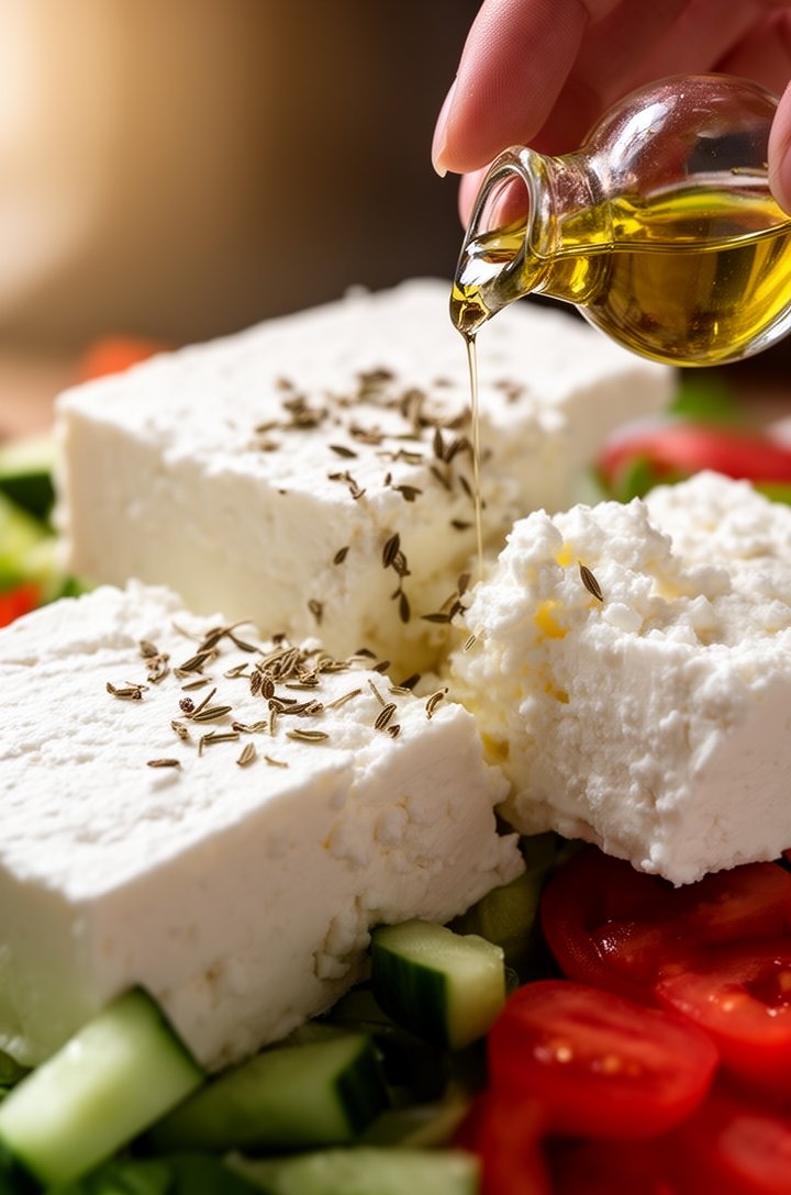 Extreme close-up macro shot of three generous thick slabs of white crumbly feta cheese being placed on top of the dressed Greek salad, a hand visible placing the last piece, dried oregano flakes landi