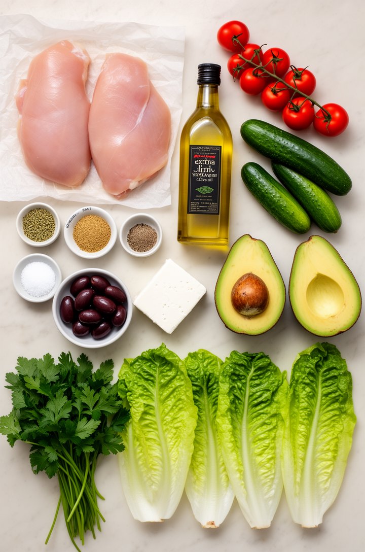 Overhead flat-lay of grilled chicken salad ingredients arranged on a light marble surface — two raw chicken breasts on parchment paper, small pinch bowls of dried oregano, ground coriander, kosher sal