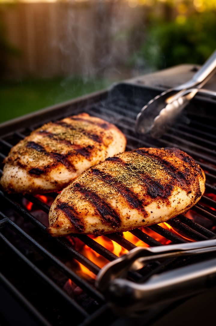 Close-up 30-degree angle of two seasoned chicken breasts on a hot grill with visible flame underneath, oregano and coriander spice coating visible on the surface, deep golden-brown char marks forming 