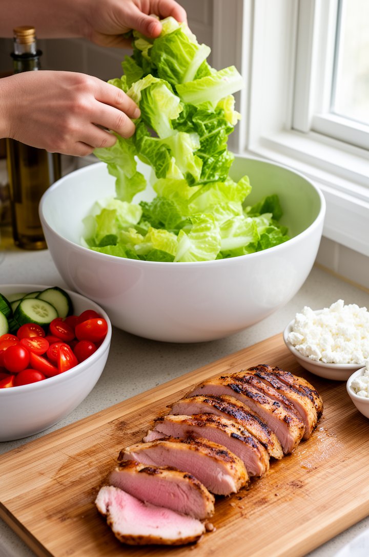 Action shot from slightly above of hands tossing chopped romaine lettuce in a large white ceramic bowl, halved cherry tomatoes and sliced cucumbers visible in a prep bowl to the side, crumbled feta in