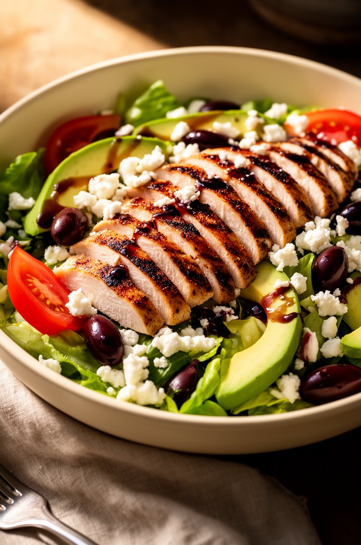 Extreme close-up beauty shot of the assembled grilled chicken salad in a wide shallow cream bowl, sliced grilled chicken with visible char lines fanned across the top, creamy avocado slices, bright re