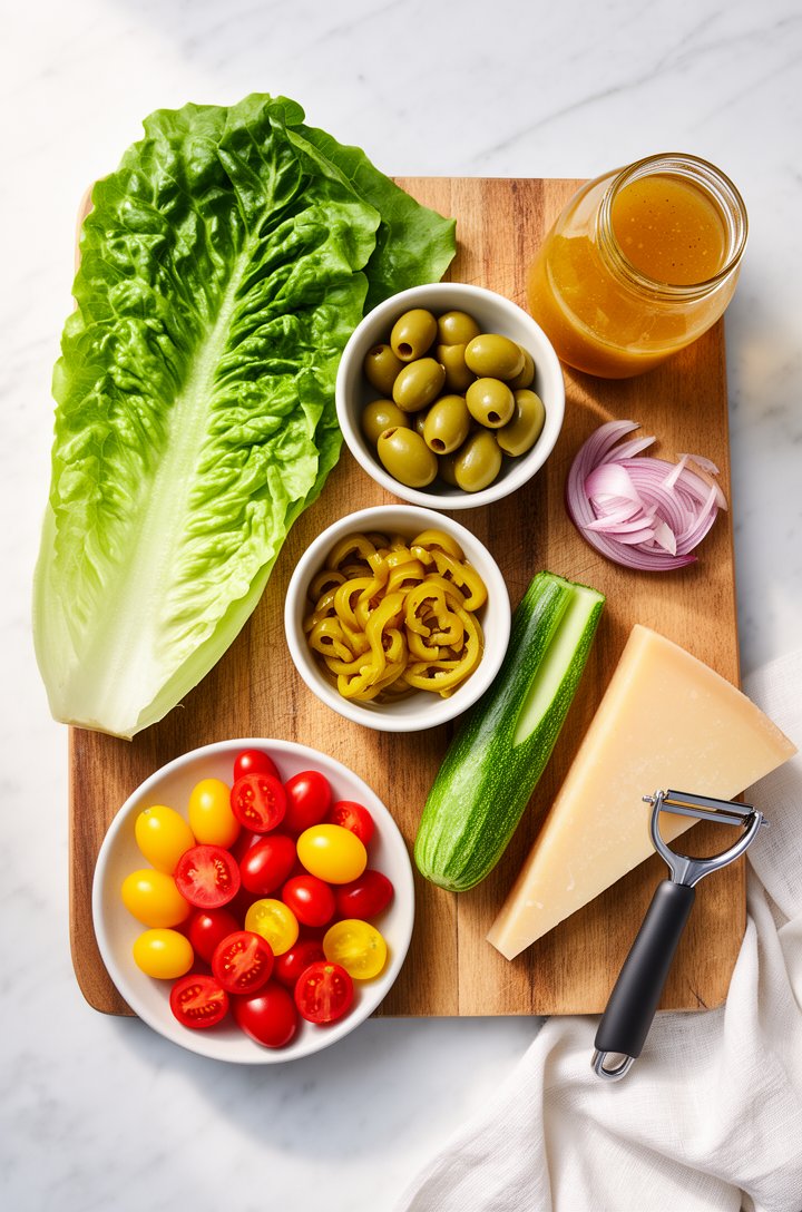Overhead flat-lay mise en place on a white marble surface — a wooden cutting board with a whole romaine heart and loose leafy lettuce, a small bowl of halved bright green Castelvetrano olives, a ramek