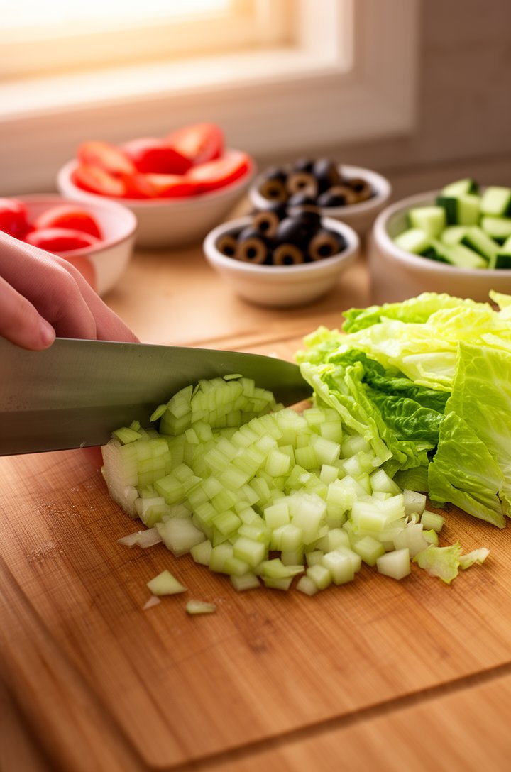 Close-up 45-degree angle action shot of a chef's knife mid-chop on a wooden cutting board, romaine lettuce being cut into uniform small pieces about 1-inch square, already-chopped lettuce piled to one