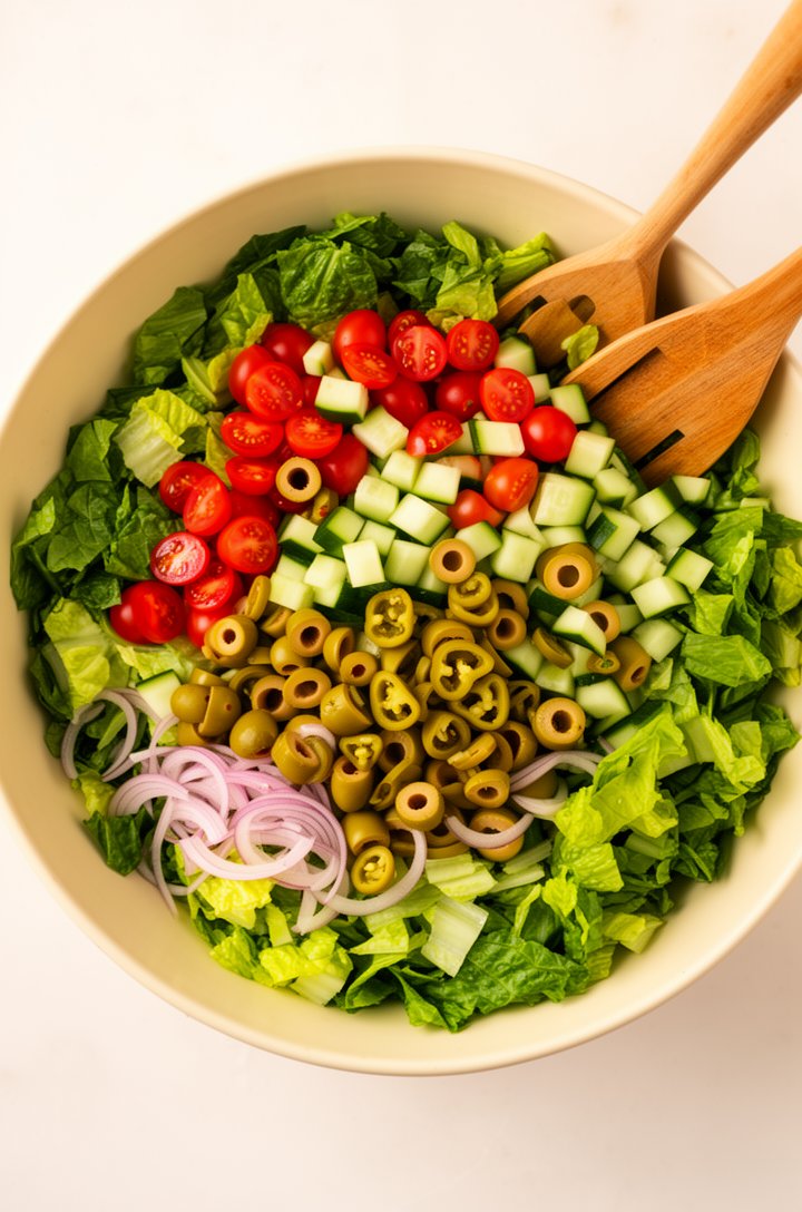Overhead shot of all chopped salad ingredients being added into a large light cream ceramic bowl — chopped romaine and leafy greens as the base, cherry tomato halves and cucumber cubes scattered acros