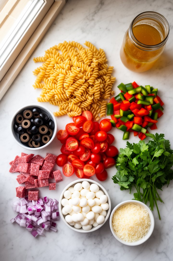 Overhead flat-lay of Italian pasta salad ingredients arranged on a marble countertop before mixing — a mound of uncooked rotini pasta, a small bowl of sliced black olives, halved cherry tomatoes in a 