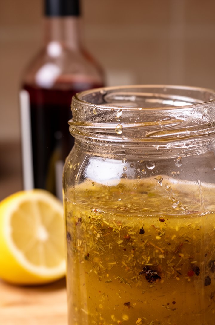 Close-up 45-degree angle of a glass jar filled with golden Italian vinaigrette being shaken, the liquid slightly cloudy and emulsified, dried herbs and spices visible suspended in the oil, a lemon hal