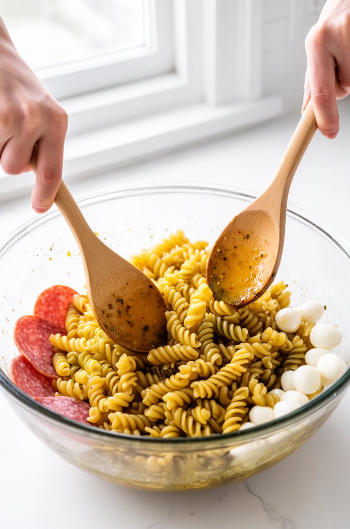 Action shot from a slightly elevated angle of hands tossing rotini pasta with vinaigrette in a large glass mixing bowl using wooden serving spoons, the pasta glistening with a light coat of golden dre