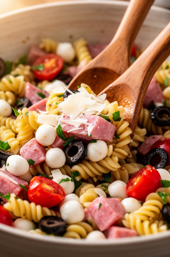 Extreme close-up macro shot of Italian pasta salad being scooped with large wooden serving spoons from a large bowl, tricolor elements visible — golden rotini spirals coated in glistening vinaigrette,