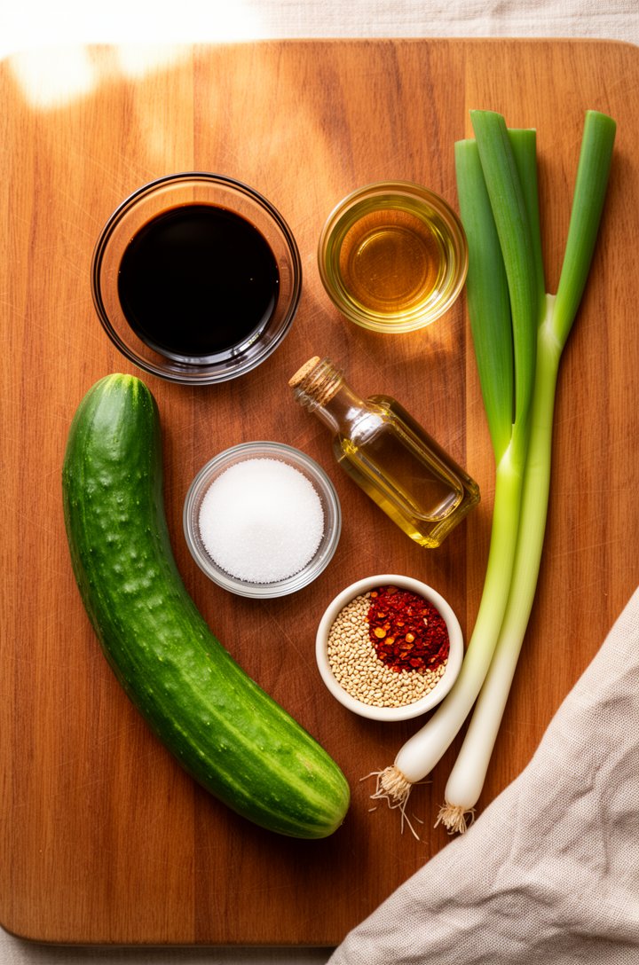 Overhead flat-lay of recipe ingredients arranged on a warm wood cutting board — one whole Japanese cucumber, a small glass dish of soy sauce, a dish of rice vinegar, a pinch bowl of white sugar, a tin