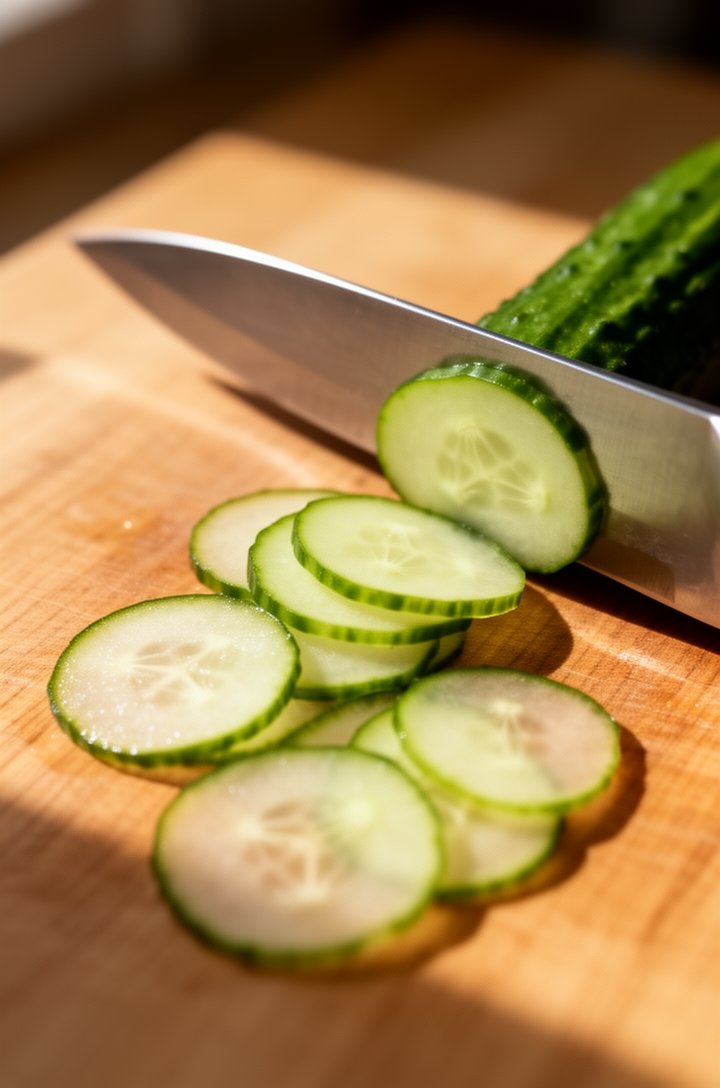 Close-up 45-degree angle of thin cucumber rounds being sliced on a wooden cutting board with a sharp chef's knife, the slices paper-thin and slightly translucent, a few perfect rounds scattered in the