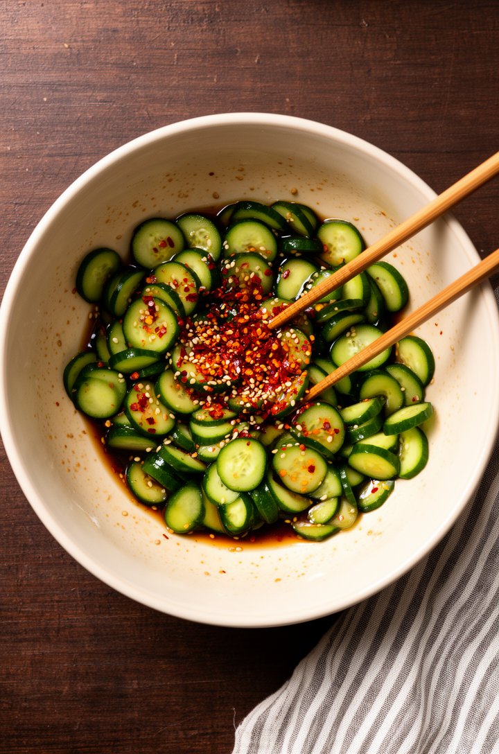 Overhead shot of a medium mixing bowl with cucumber slices being tossed in the soy-vinegar dressing, a pair of wooden chopsticks resting in the bowl mid-toss, red gochugaru flakes and sesame seeds vis