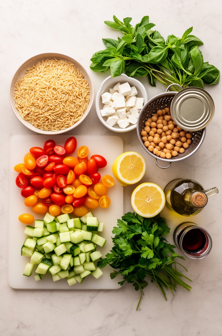 Overhead flat-lay of orzo pasta salad ingredients arranged on a light marble countertop — a mound of dry orzo in a small bowl, halved cherry tomatoes in red orange and yellow on a cutting board, diced