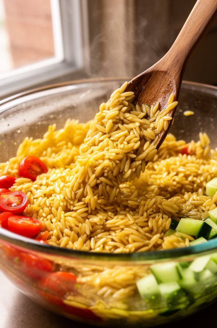 Close-up 45-degree angle of warm cooked orzo being tossed with lemon vinaigrette in a large glass mixing bowl, the orzo glistening and glossy with the golden dressing coating each grain, a wooden spoo