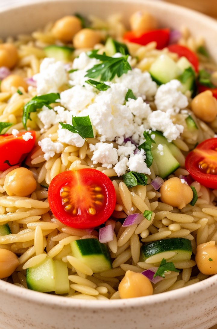Extreme close-up macro shot of the finished orzo pasta salad, filling 90% of the frame, individual orzo grains visible and glossy with dressing, bright red cherry tomato halves with seeds showing, chu