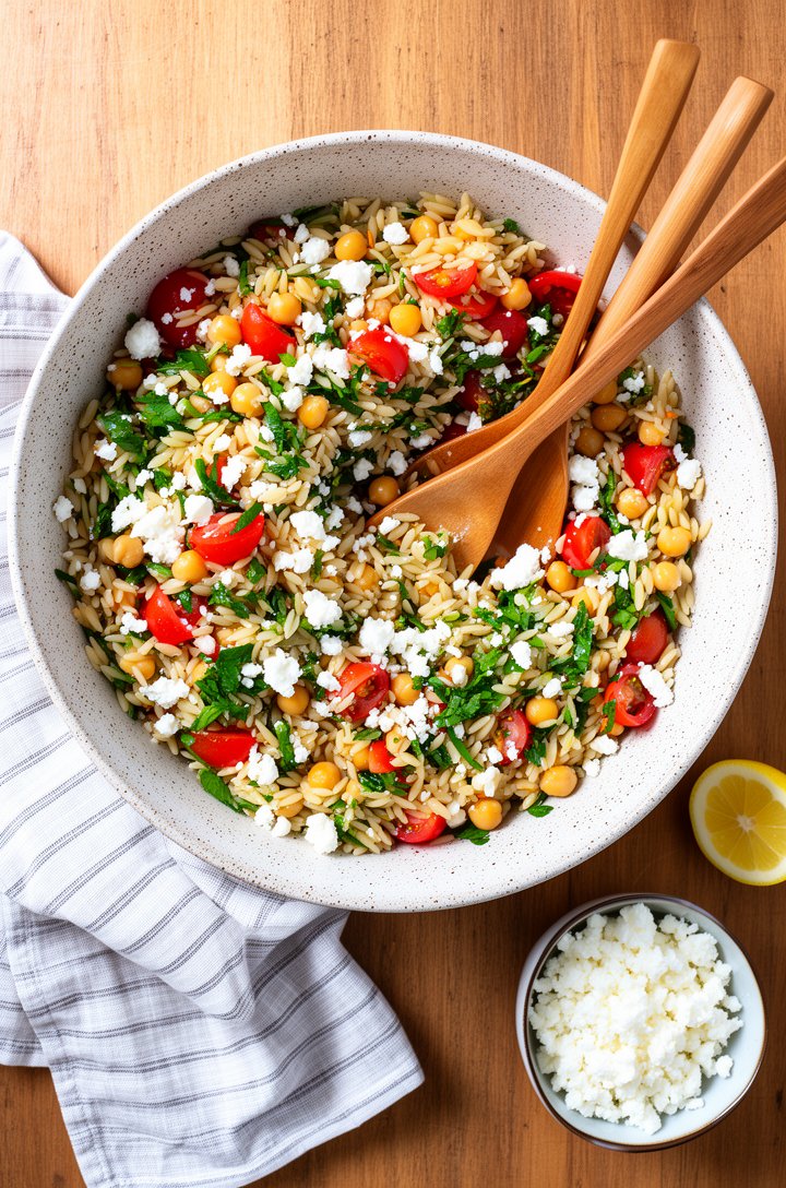 Overhead shot of the complete orzo pasta salad served in a wide speckled ceramic bowl on a wooden table, vibrant colors of red tomatoes, green herbs, white feta, and golden chickpeas visible against t