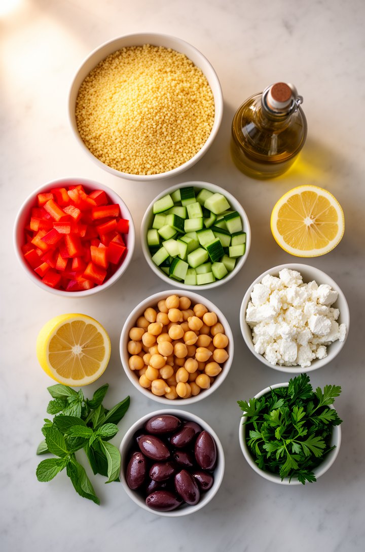 Overhead flat-lay of couscous salad ingredients arranged in small prep bowls on a light marble surface — a bowl of dry golden couscous, diced red tomatoes, green cucumber cubes, bright red bell pepper