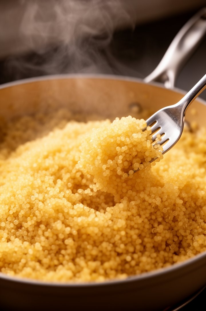 Close-up 30-degree angle of fluffy golden couscous being fluffed with a fork in a medium saucepan, individual grains visible and light, steam gently rising, warm side lighting highlighting the texture