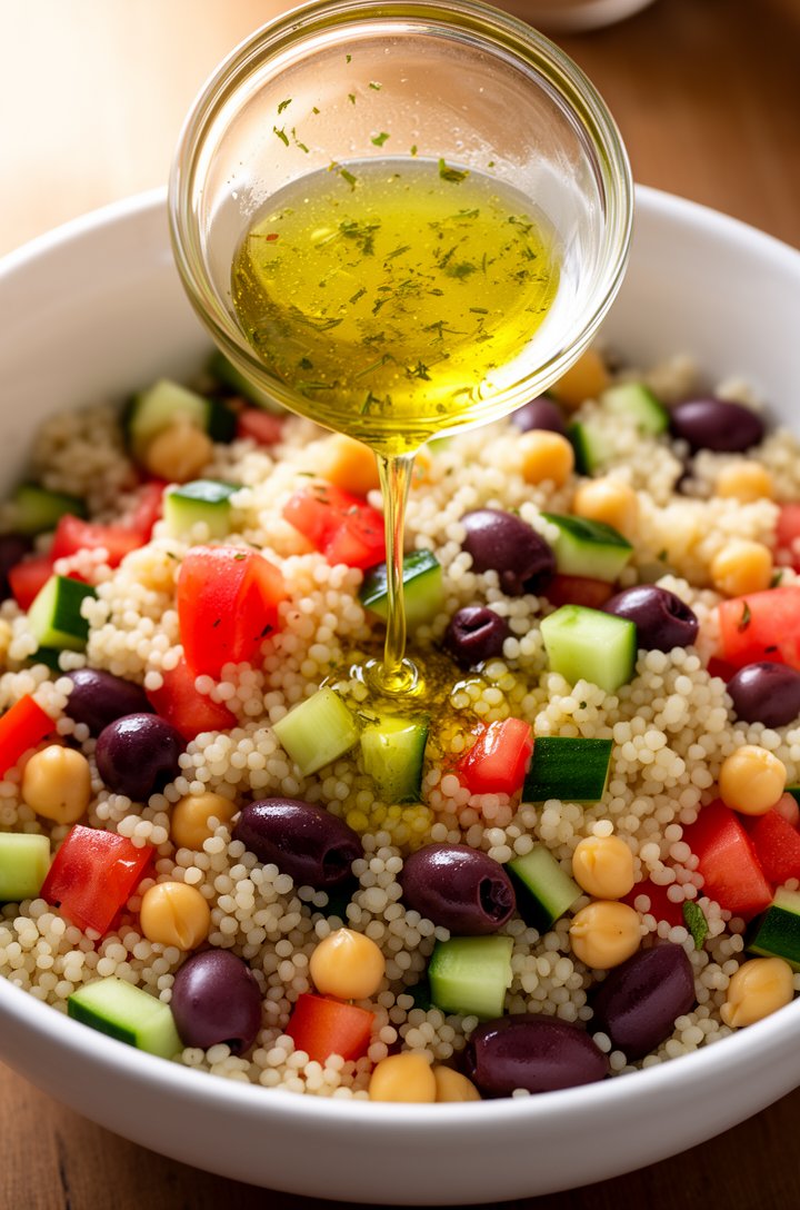 Action shot of lemon-herb dressing being poured from a small glass bowl over a large white bowl of couscous mixed with colorful diced vegetables — red tomatoes, green cucumber, purple olives, golden c