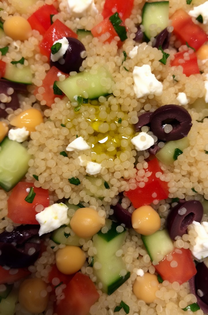 Extreme close-up macro shot of the finished couscous salad from directly above, filling the entire frame — individual couscous grains glistening with dressing, bright red tomato cubes, translucent gre
