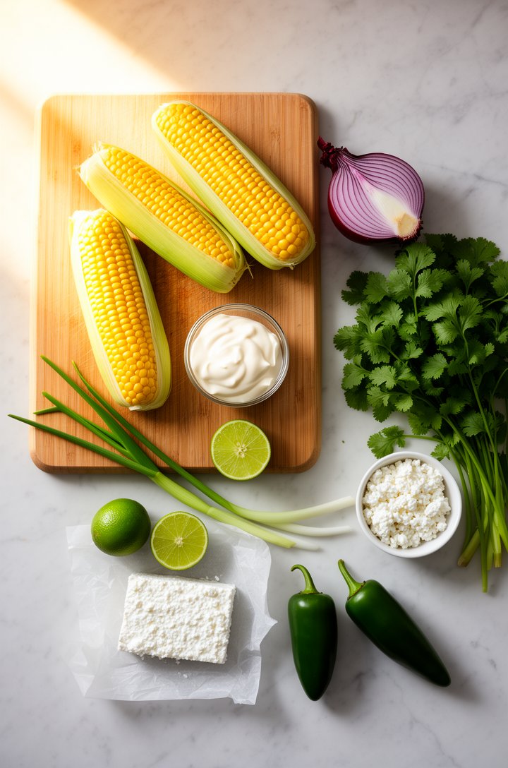 Overhead flat-lay of recipe ingredients arranged on a light marble countertop — a wooden cutting board with four ears of fresh corn partially shucked, a small glass bowl of mayonnaise, a ramekin of so