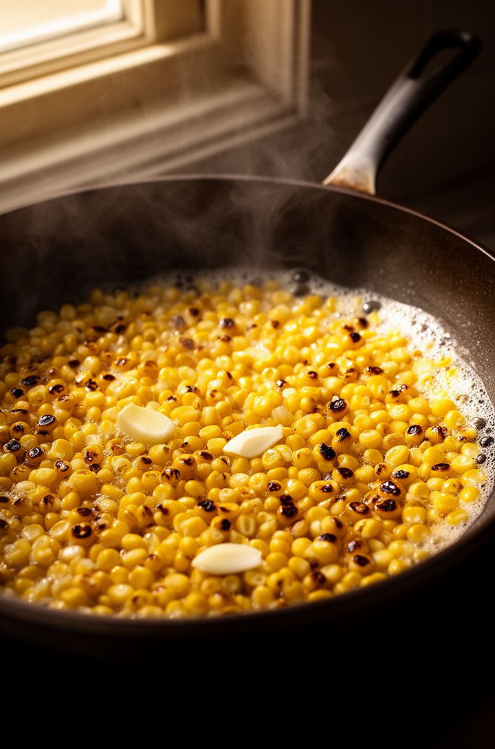 Close-up 30-degree angle of golden corn kernels sizzling in a large dark skillet, butter foaming around the edges, visible dark caramelized char marks on many kernels, wisps of steam rising, two mince