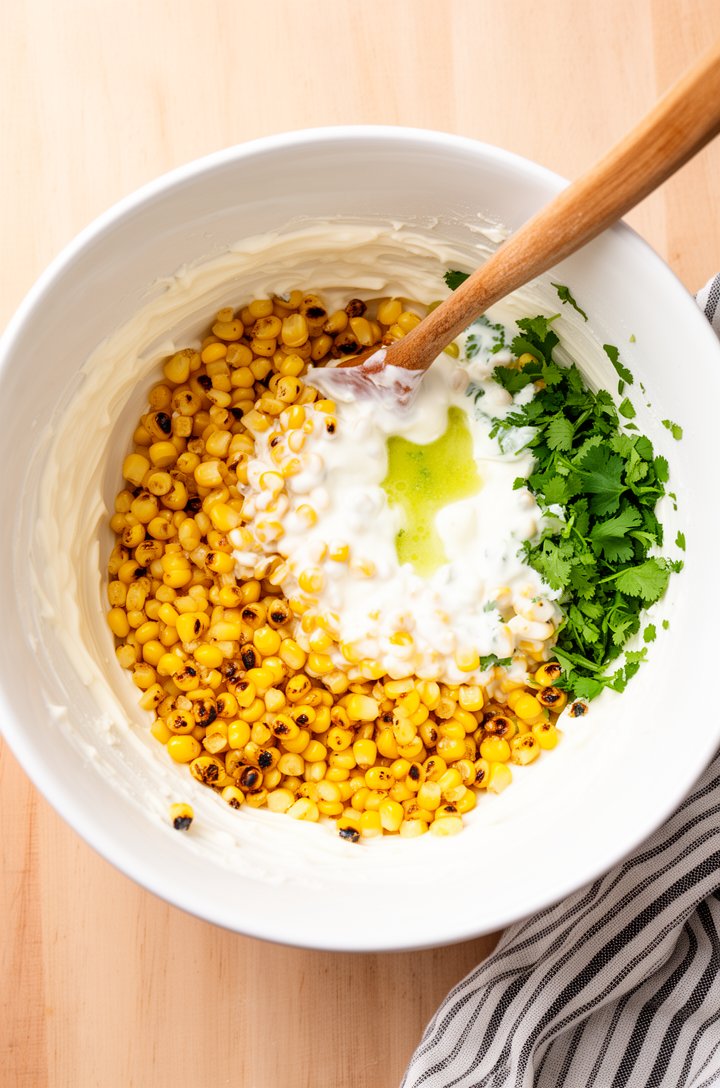 Action shot from above of hot golden-charred corn being tossed in a large white mixing bowl with creamy white dressing — mayo, sour cream, and grated parmesan visibly melting and coating the warm kern