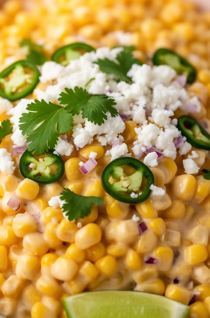 Extreme close-up macro shot of the finished Mexican corn salad — creamy dressed golden corn kernels filling the entire frame, bright green cilantro leaves and thinly sliced jalapeno rings scattered ac