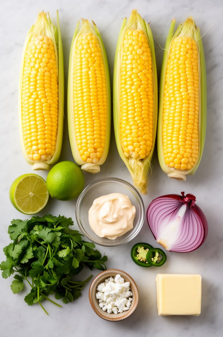 Overhead flat-lay of raw ingredients for Mexican corn salad arranged on a light marble surface — four ears of fresh yellow corn with husks partially pulled back, a small glass bowl of mayonnaise, a ha