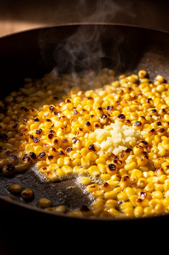 Close-up 30-degree angle of golden corn kernels charring in a large dark skillet, visible dark brown caramelized spots on the edges of kernels, melted butter glistening around them, wisps of steam ris