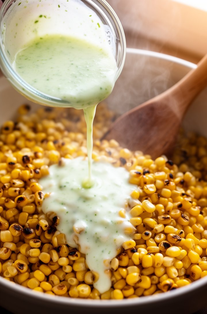 Action shot of creamy lime dressing being poured from a small glass bowl over a large bowl of hot charred corn kernels, the white dressing beginning to melt and coat the golden corn, wisps of steam vi