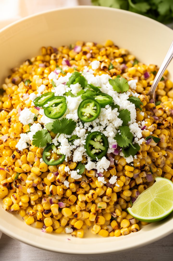 Extreme close-up overhead shot of the finished Mexican corn salad in a wide shallow cream-colored bowl, golden charred corn kernels coated in thin creamy dressing, generous crumbles of white cotija ch